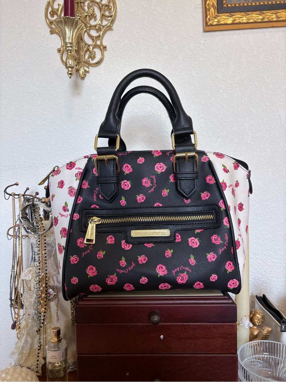 Juicy Couture Black and White Satchel Handbag with Pink Rose Floral Print